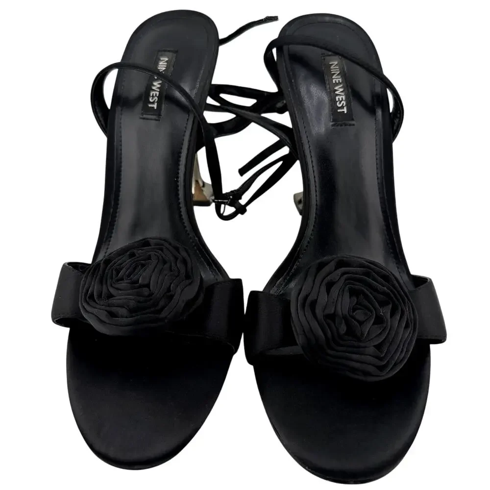 Nine West Neve Rosette Ankle Strap Black Heel Sandals Size 9.5 Ladies Shoes